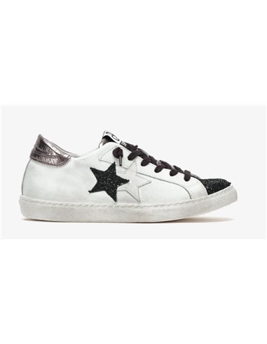 2Star Sneaker Low in pelle Bianca con dettagli Glitter Nero