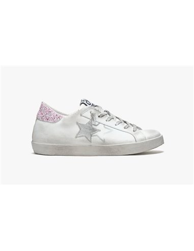2Star Sneaker Low Bianco/Laminato Argento-Glitter Rosa