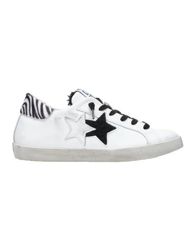 2STAR Sneakers Low in pelle bianca con dettagli zebrati ed ecofur