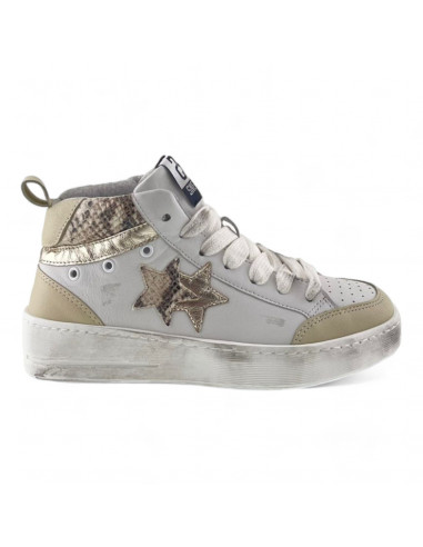 2Star Sneakers Mid Pelle Bianca dettaglio Beige/Oro